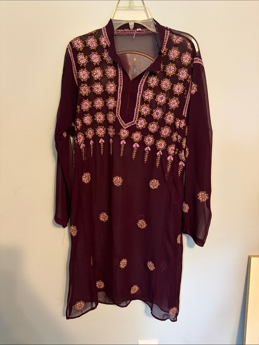Embroidered Maroon Floral Tunic Kurta - Women